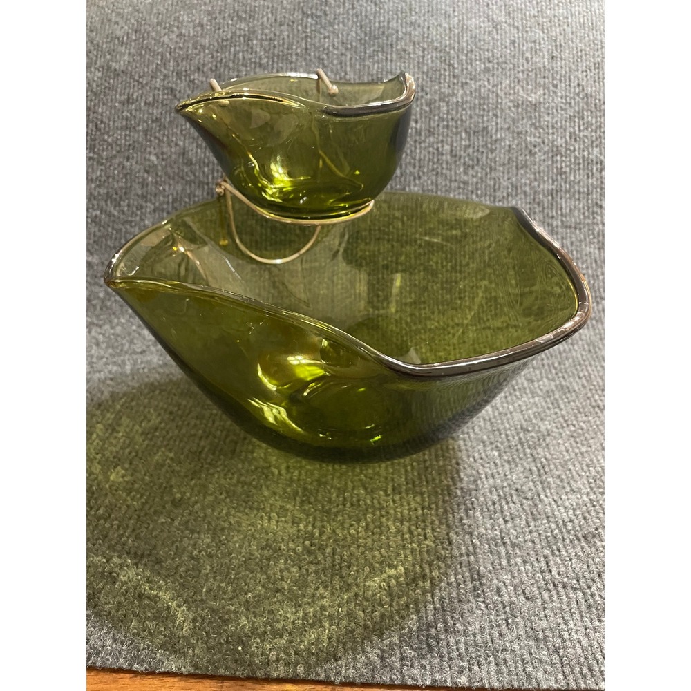 Vintage MCM Olive Green Glass Chip and Dip Set 2 Piece with Metal Bracket Retro